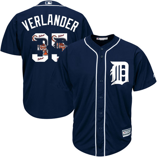 Tigers #35 Justin Verlander Navy Blue Team Logo Fashion Stitched MLB Jersey